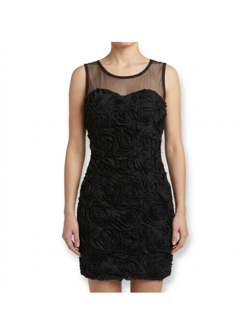 Rose Mini Dress Black Floral Applique Mesh Y2K Party Bodycon Sheer